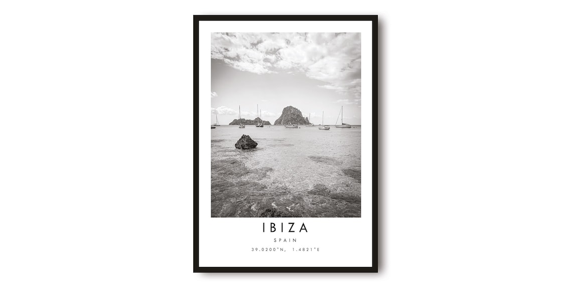 Ibiza Spain Black and White Coastline Travel Photography Poster