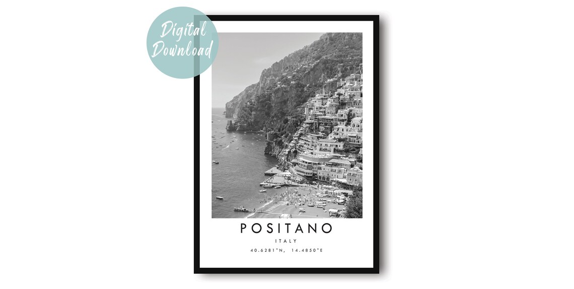 Positano Amalfi Coast Cliffside Beach Monochrome Travel Poster