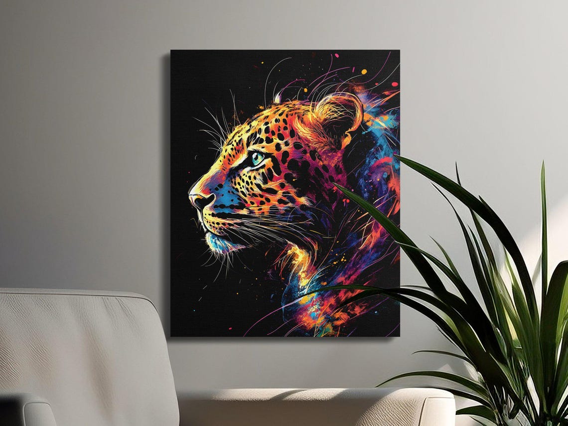 Teal Eyed Leopard Profile Splash Art Black Canvas Wildlife Poster - Image 3
