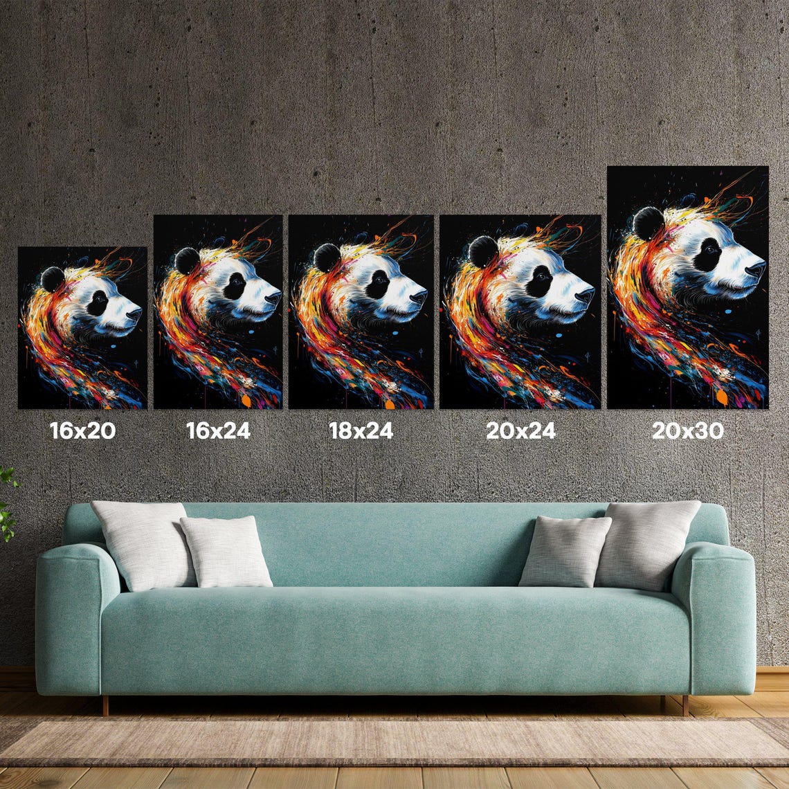 Panda Profile Rainbow Swirl Splash Painting Black Canvas Poster - Image 5