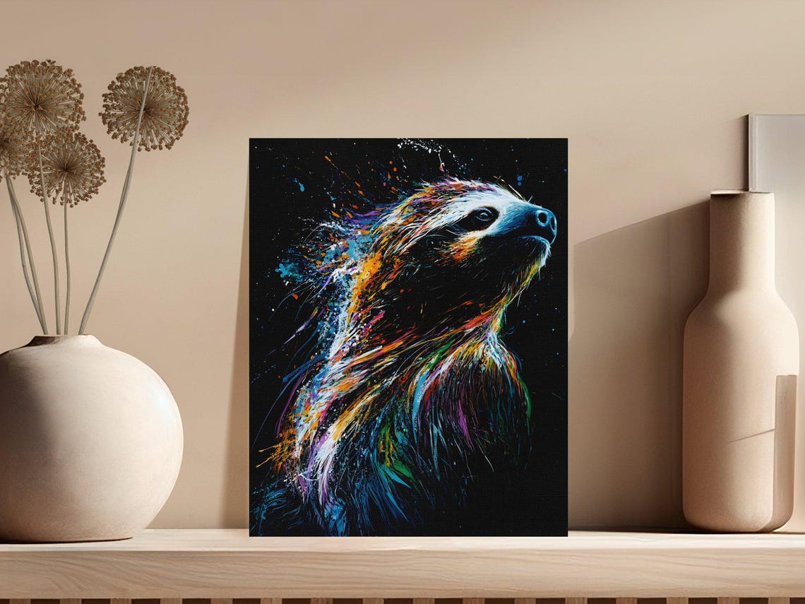 Sloth Profile Gazing Up Colorful Splash Black Canvas Wall Art - Image 5