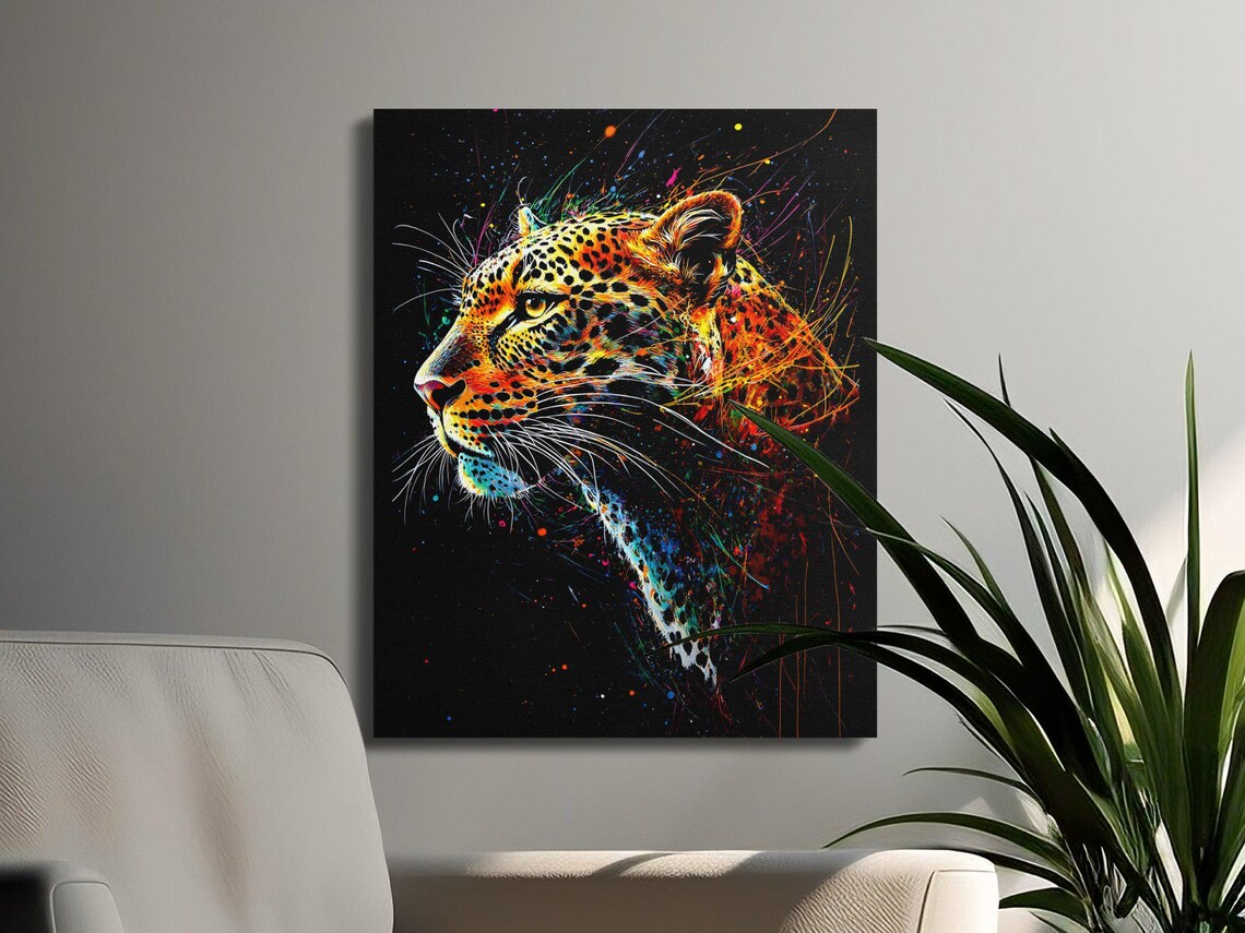 Vibrant Leopard Head Profile Black Canvas Wildlife Art Poster - Image 3