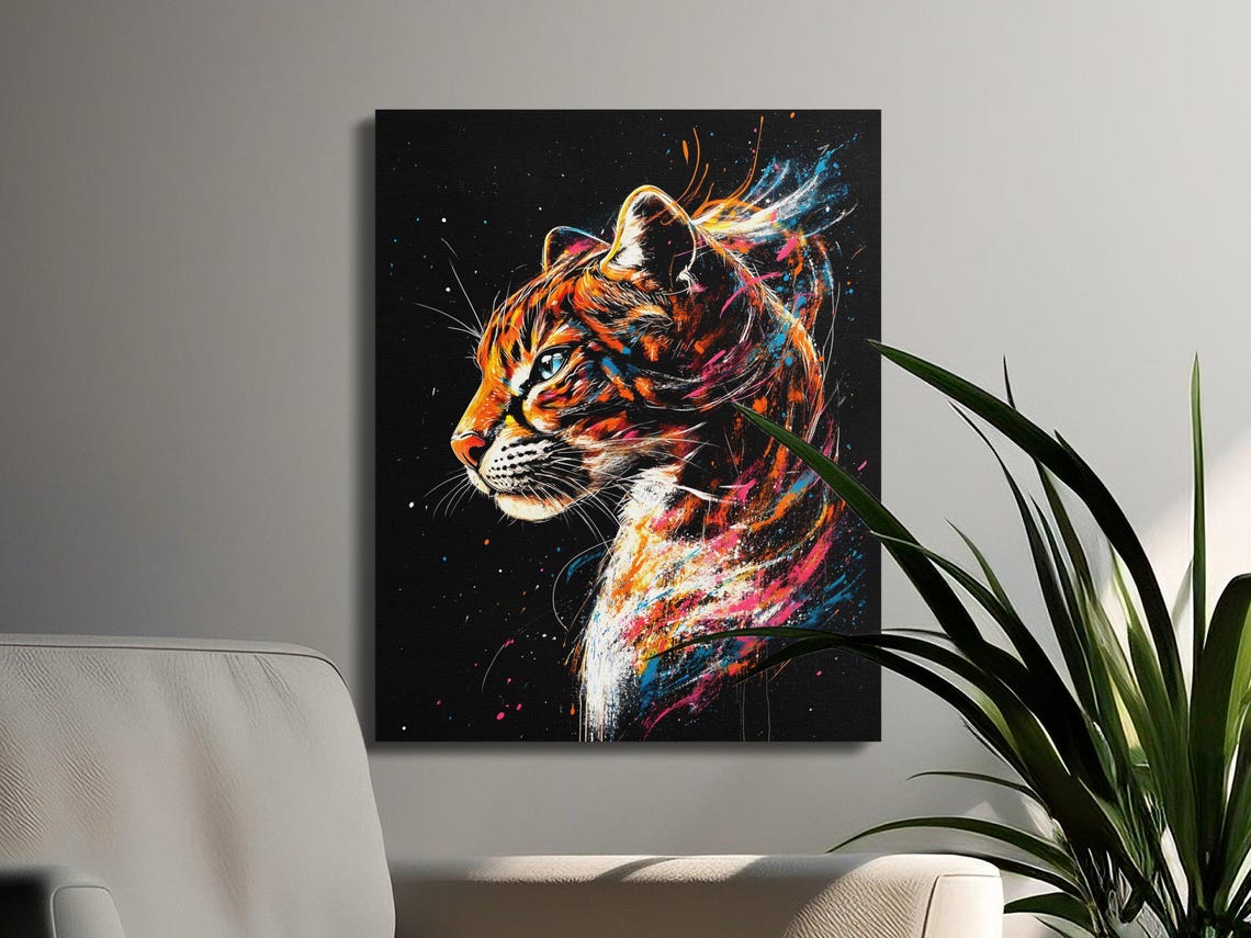 Striking Ocelot Profile Paint Splash Black Canvas Wild Cat Wall Art - Image 3