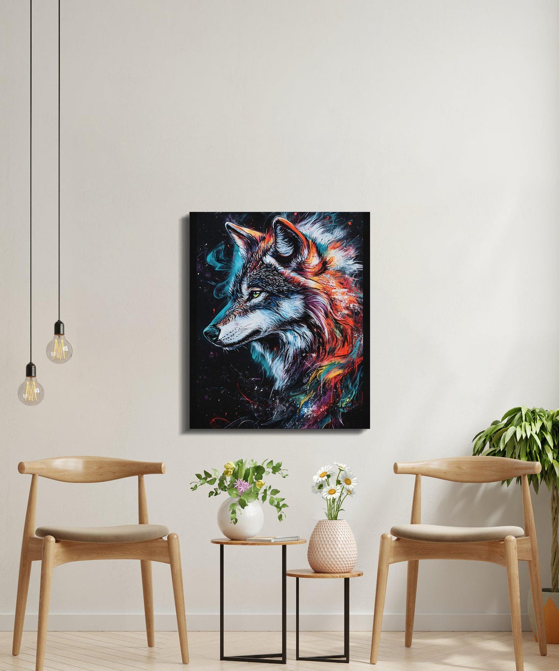 Fierce Wolf Profile Teal and Orange Splash Black Canvas Poster - Image 4