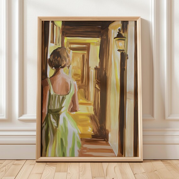 Woman Walking Through a Lamp-Lit Hallway Warm Vintage Style Poster