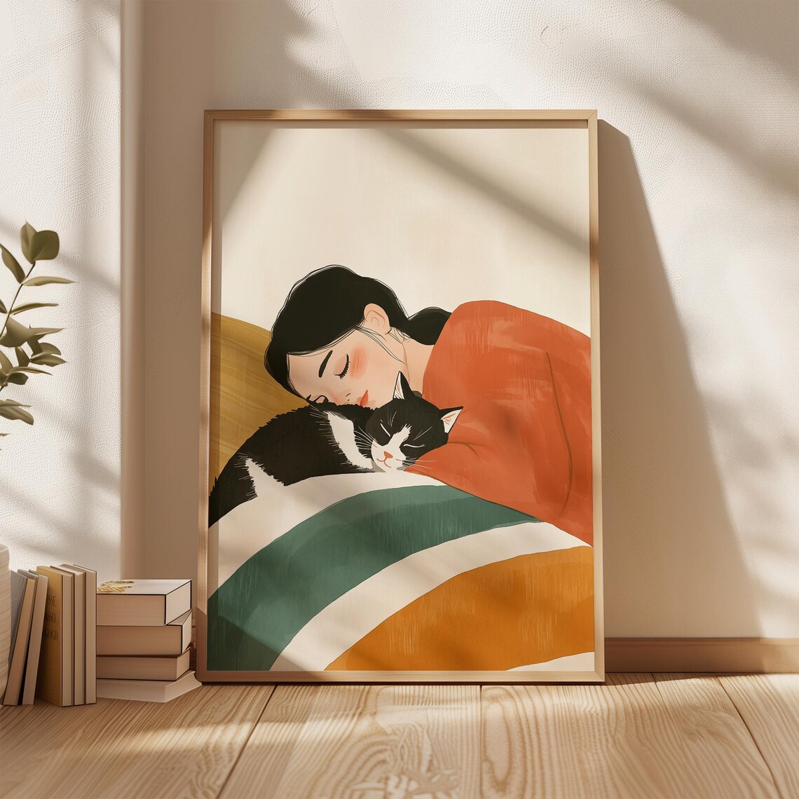 Woman Napping With Black and White Cat Cozy Illustration Poster - Image 4