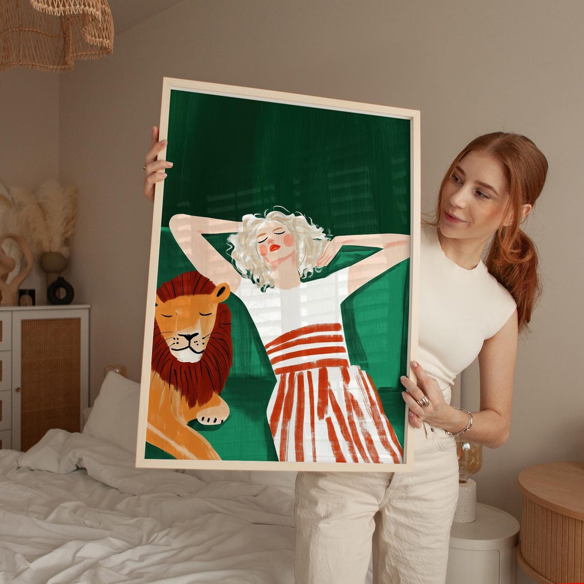Serene Woman With Lion Wall Art Modern Jungle Decor Bold Boho Print Elegant Minimal Art Unique For Home - Image 5