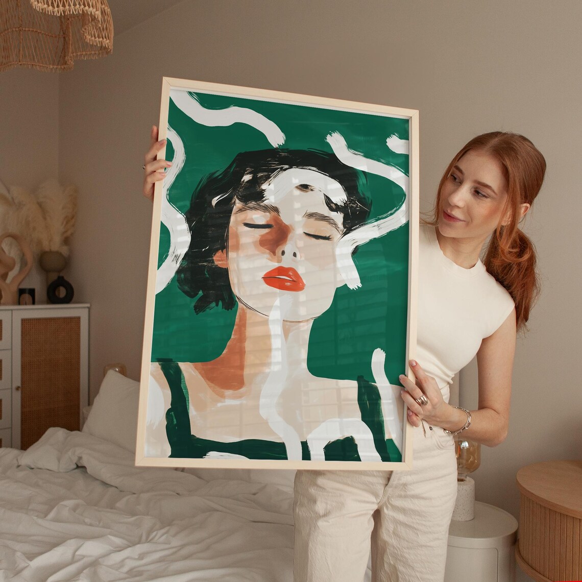 Abstract Woman Face Red Lips Green Background Modern Art Poster - Image 5