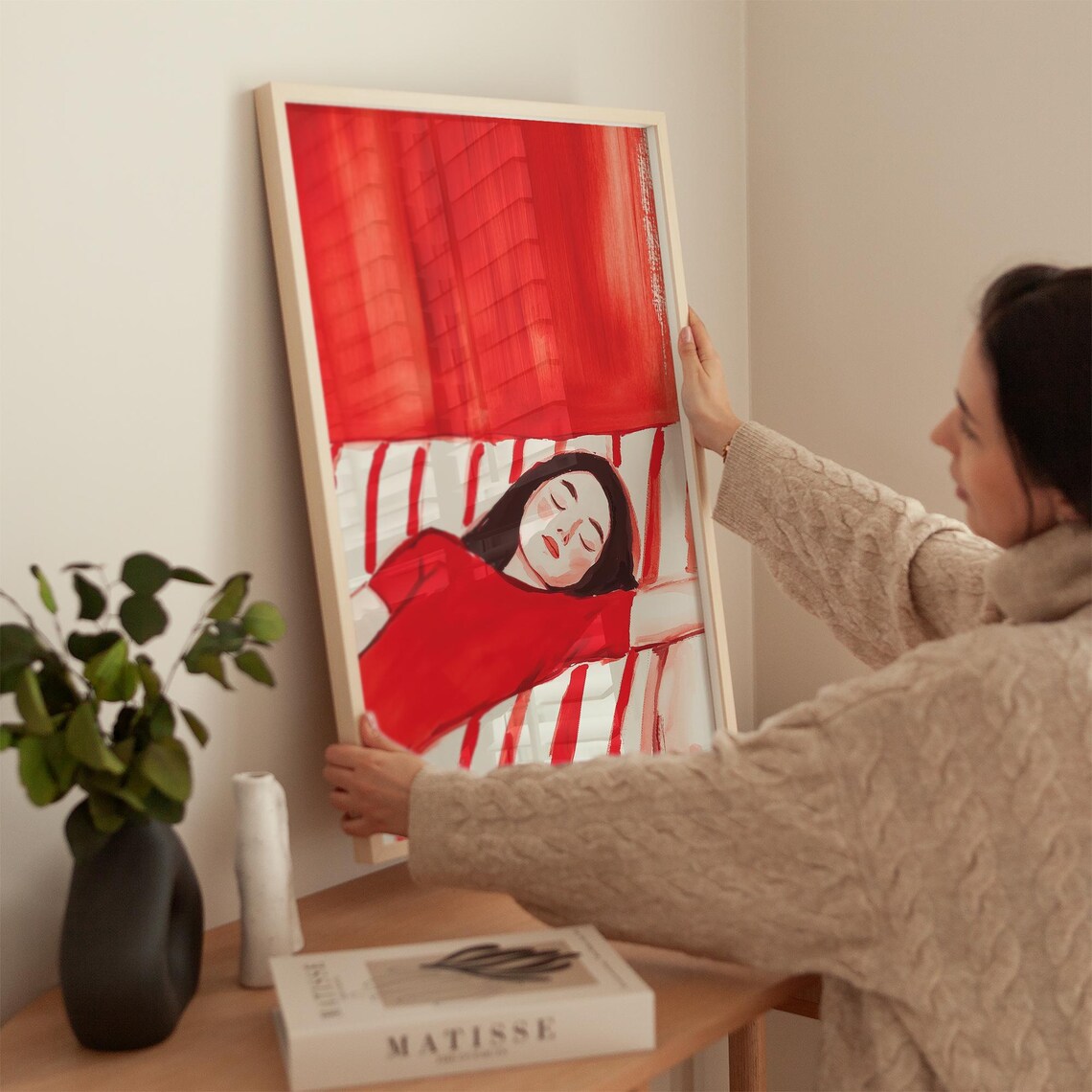 Relaxed Woman in Red Resting on Bold Stripes Modern Art Poster - Image 4