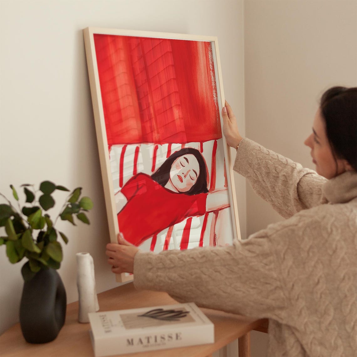 Sleeping Woman Wall Art Bold Red Abstract Print Minimalist Striped Couch Illustration Modern Home Decor - Image 4
