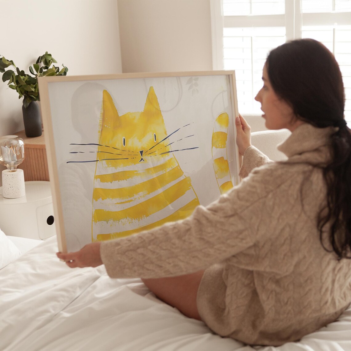 Playful Yellow Striped Cat Face Front View Minimalist Wall Art - Image 5