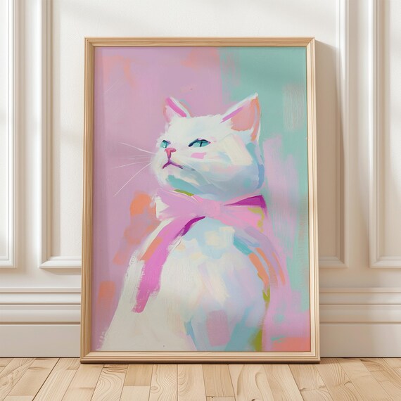 Charming White Cat Portrait With Pastel Pink Bow Pet Wall Art
