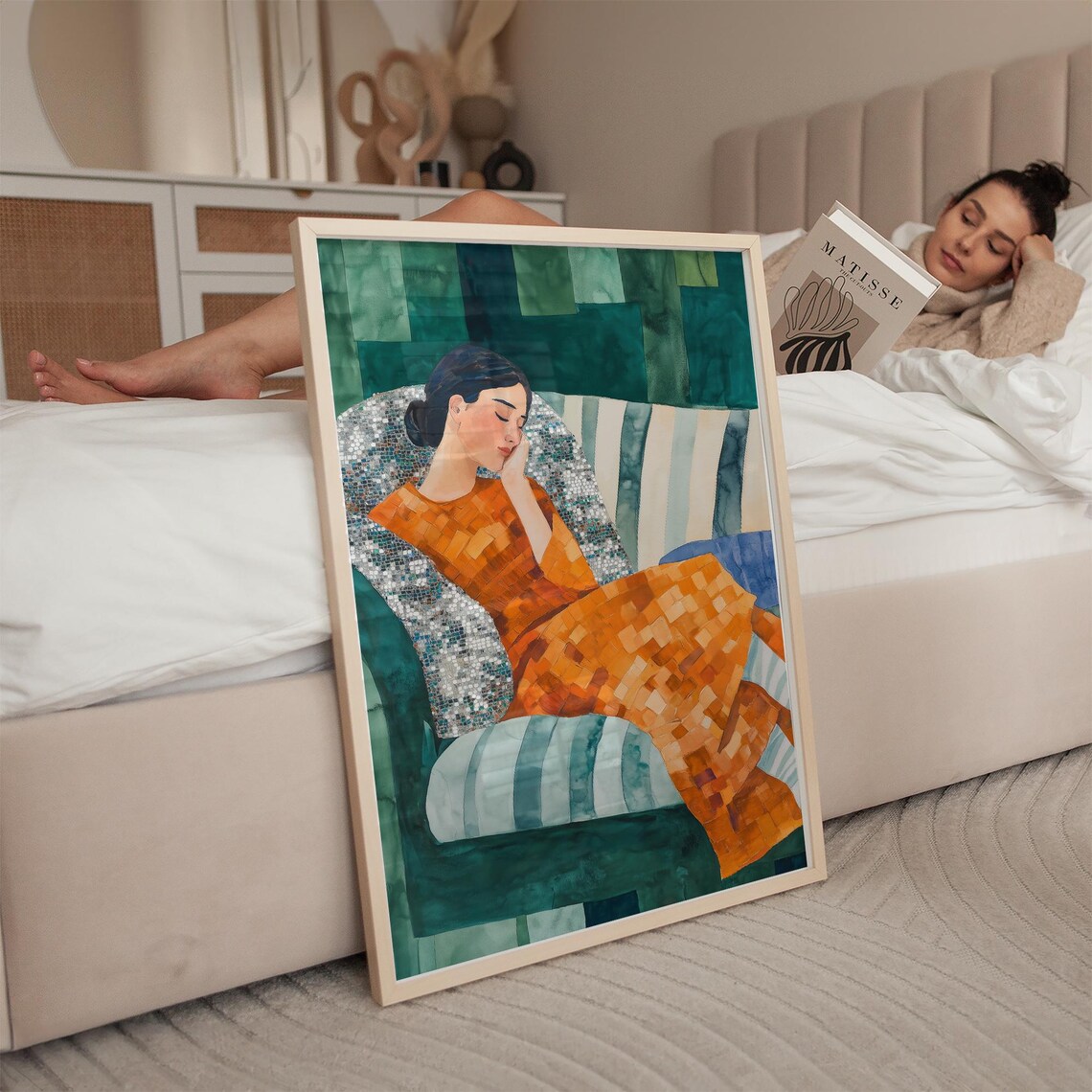 Sleeping Woman Orange Mosaic Blanket Peaceful Green Art Poster - Image 2