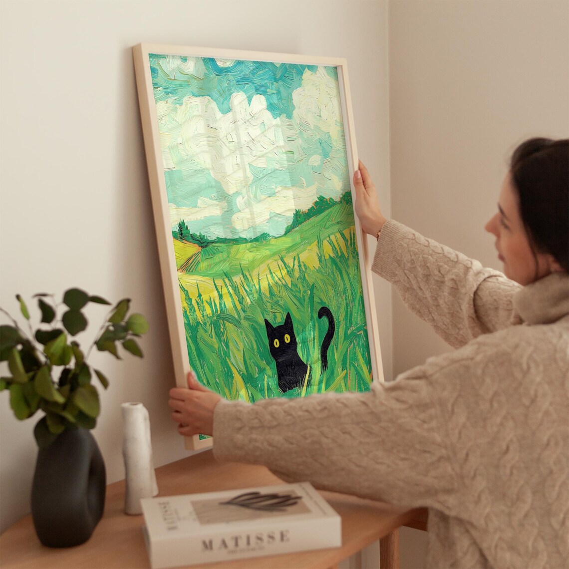 Black Cat in Green Field, Whimsical Landscape Art Print - Image 2