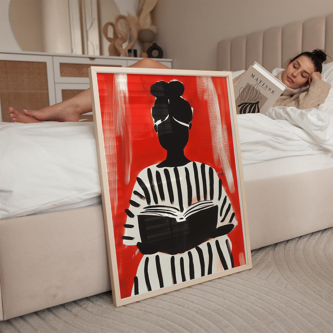 Woman Reading In Striped Dress Bold Red Abstract Wall Art Minimalist Black And White Home Decor Modern Illustration Print - Image 2