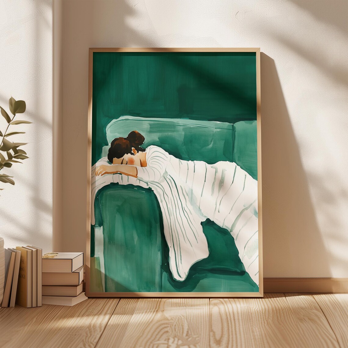 Sleeping Woman Draped Over Emerald Green Sofa Minimalist Watercolor Poster - Image 2