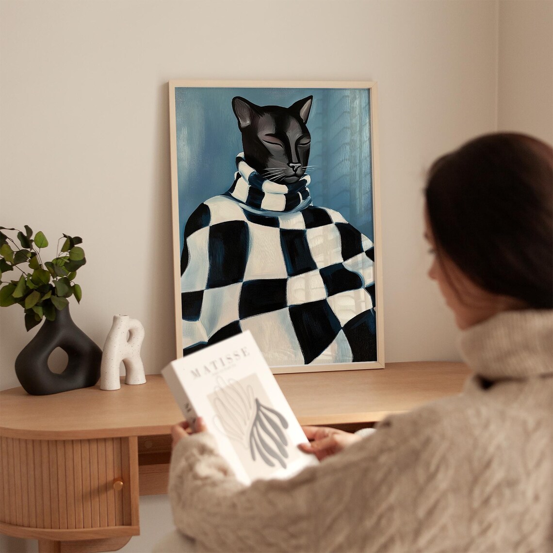 Black Cat In Checkered Sweater Modern Whimsical Portrait Poster - Image 3