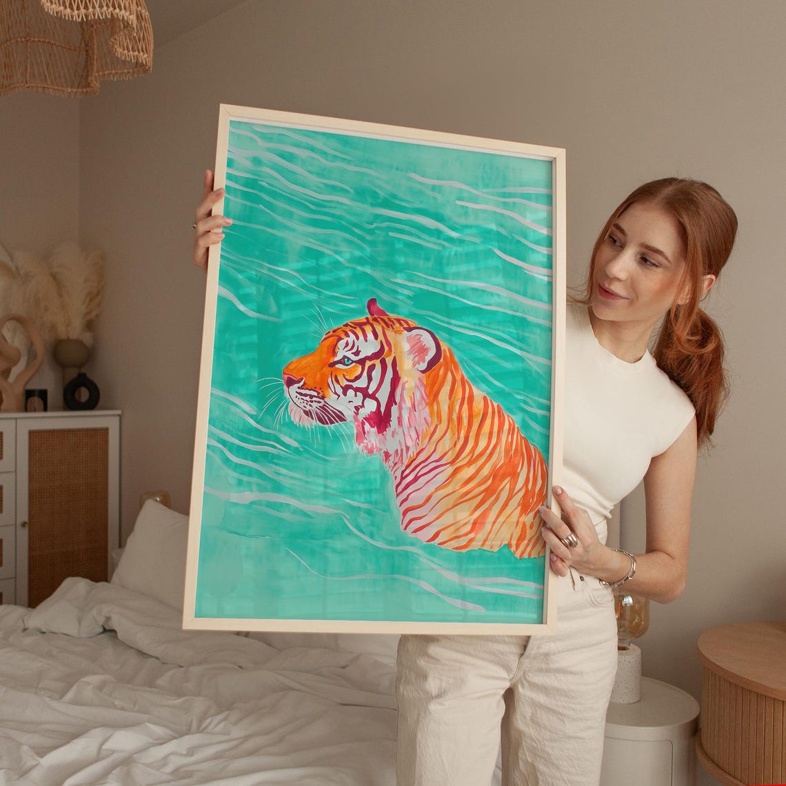Swimming Tiger Art Print Tropical Big Cat Wall Decor Modern Jungle Animal Painting Contemporary Home Decor Bold Statement Piece - Image 5