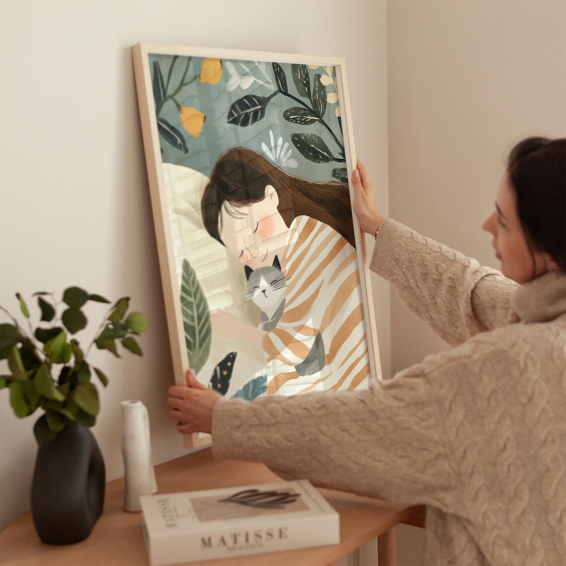 Cute Cat And Woman Sleeping Together, Whimsical Feline Print - Image 2