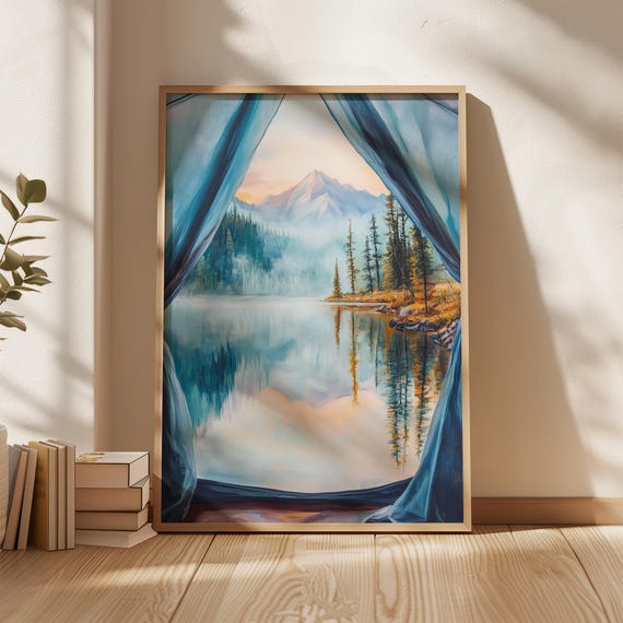 Mountain Lake View Through Tent Canvas Wall Art Nature Window Scene Print Landscape Poster Cabin Decor Adventure