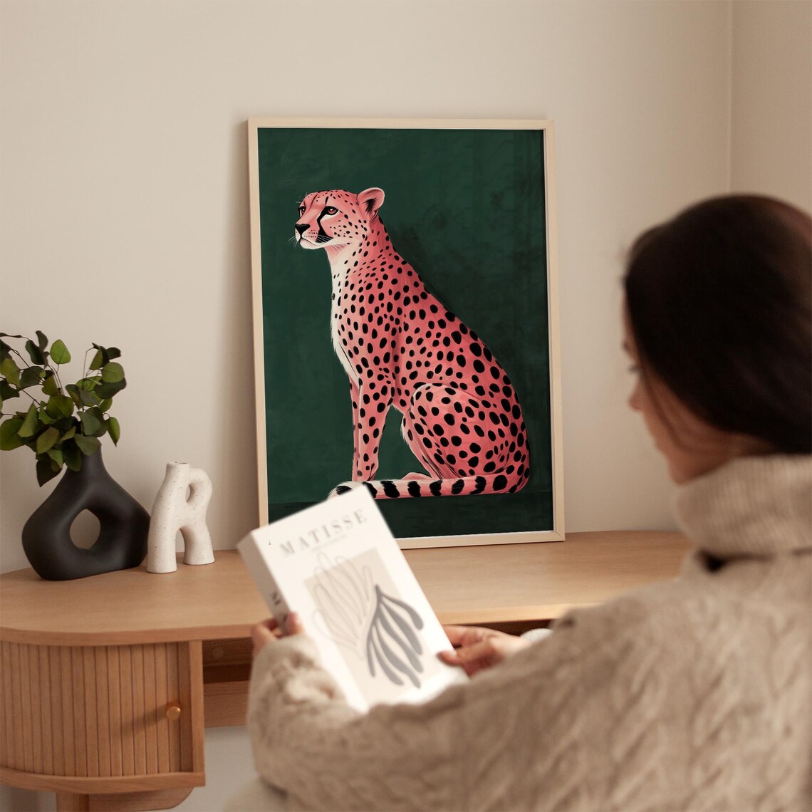 Bold Pink Coral Cheetah on Emerald Green Maximalist Art Poster - Image 3