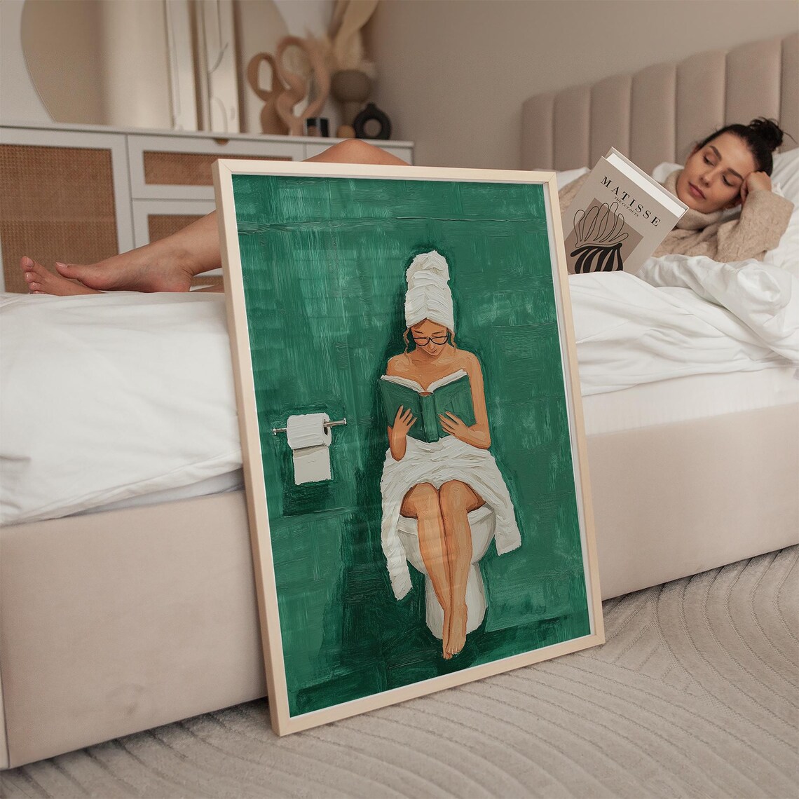 Woman with Towel on Head Reading on Toilet Funny Green Poster - Image 2