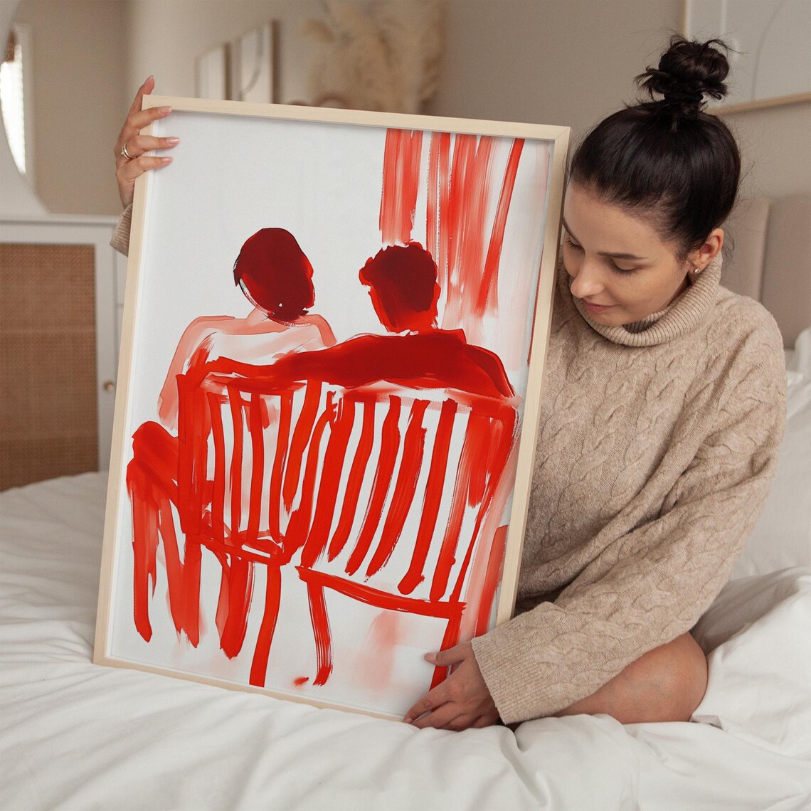 Couple On Red Bench, Minimalist Watercolor Art Print - Image 2