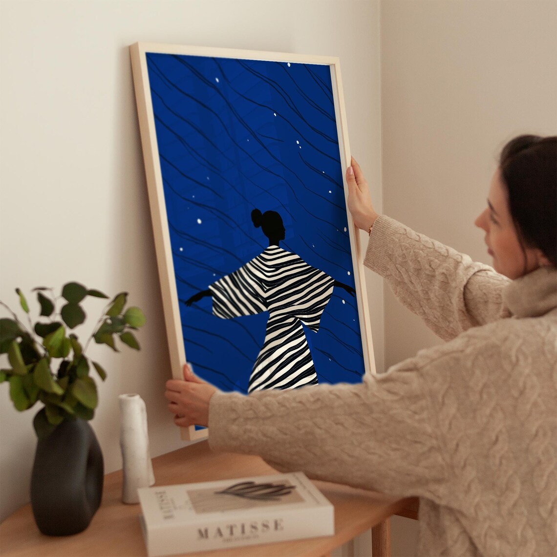 Abstract Female Art Blue Night Sky Black And White Striped Dress Modern Wall Art Print Contemporary Home Decor - Image 3