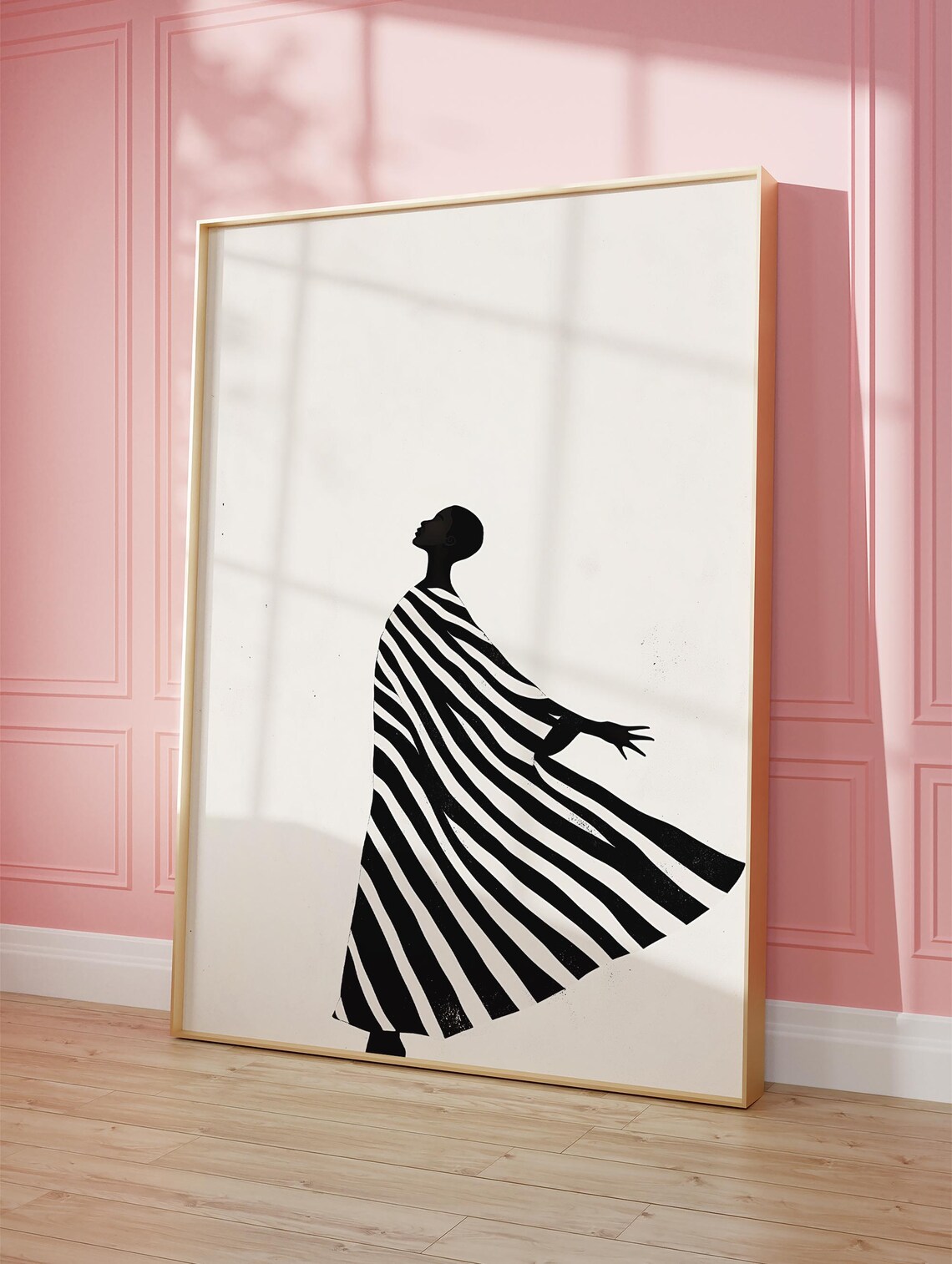 Elegant Black Silhouette Woman in Striped Flowing Dress Poster - Image 4