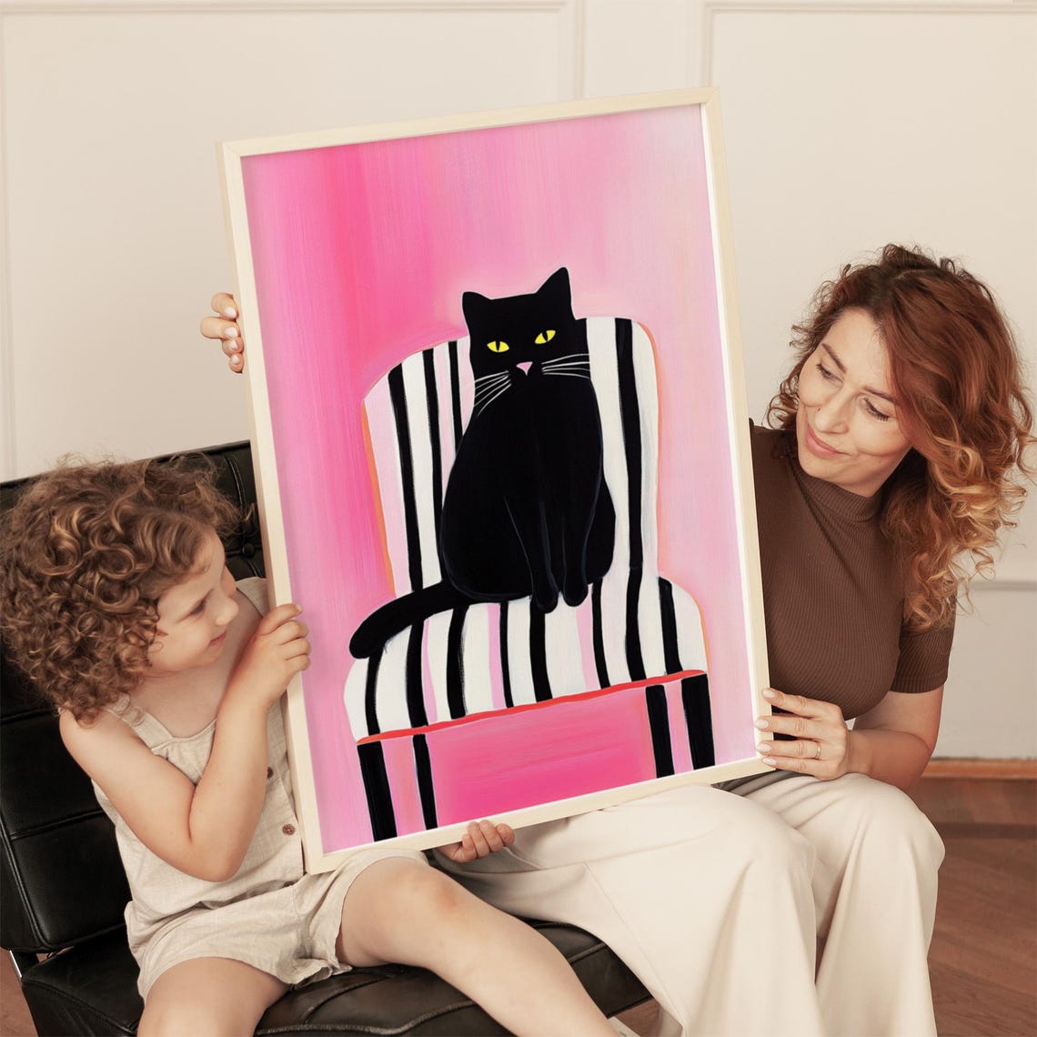 Black Cat On Striped Chair Wall Art Minimalist Pink And Black Home Decor Modern Animal Print Bold Abstract Cat Art - Image 3