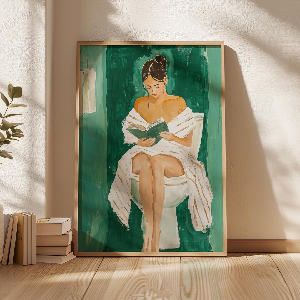 Woman Reading Book In Bath Towel Emerald Bathroom Art Poster - Image 5