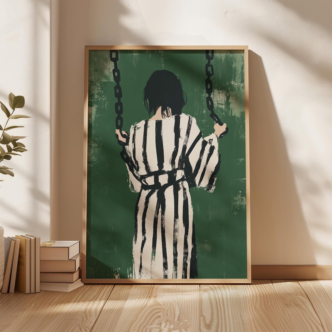 Woman On Swing In Stripes Emerald Green Abstract Portrait Poster - Image 3
