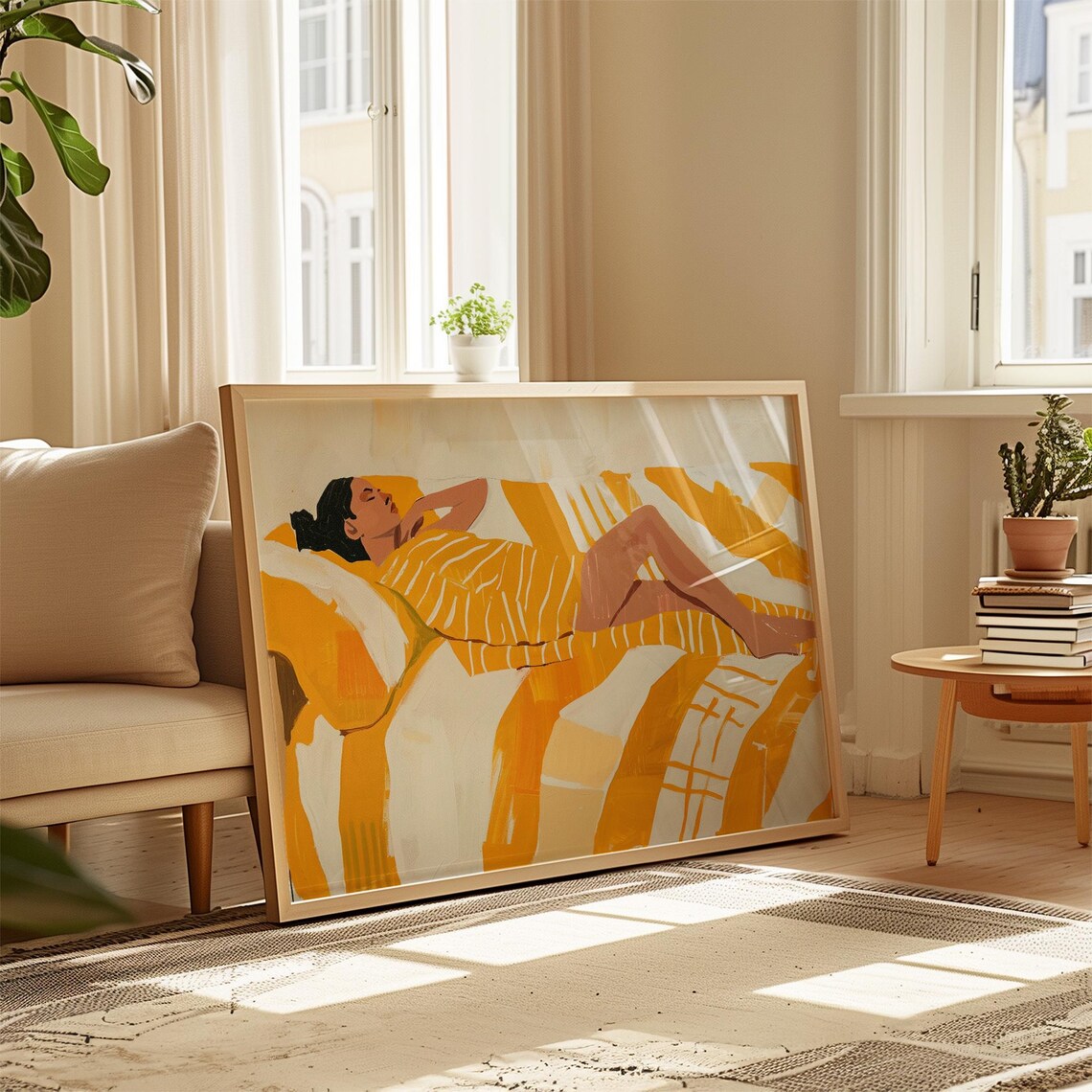 Relaxed Woman Lounging in Warm Yellow Striped Bedding Poster - Image 3
