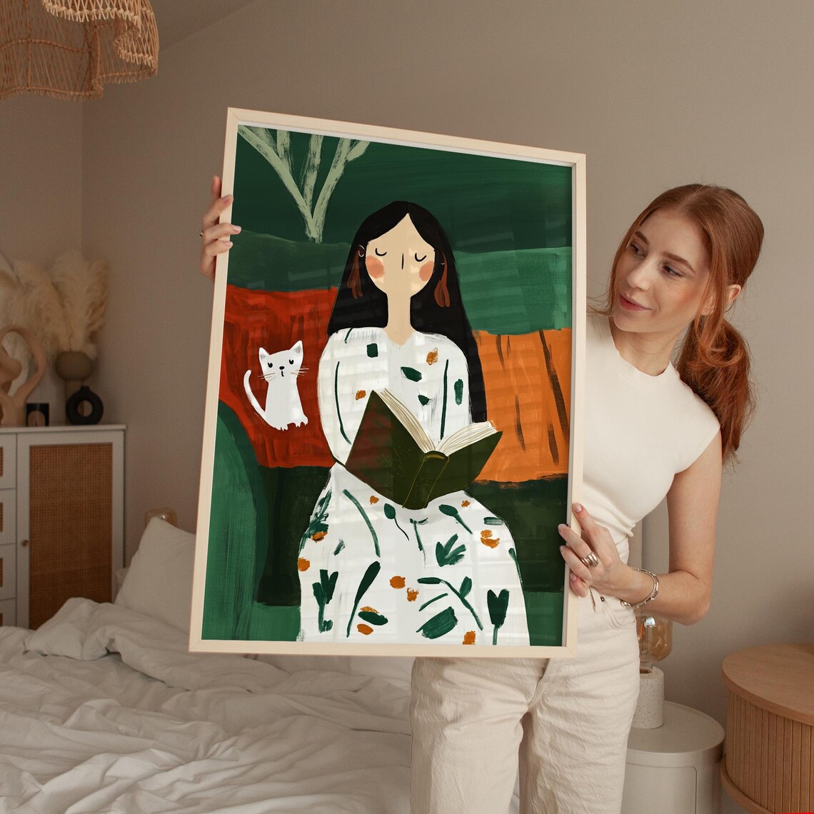 Reading Woman with White Cat Cozy Book Lover Minimalist Art Poster - Image 5