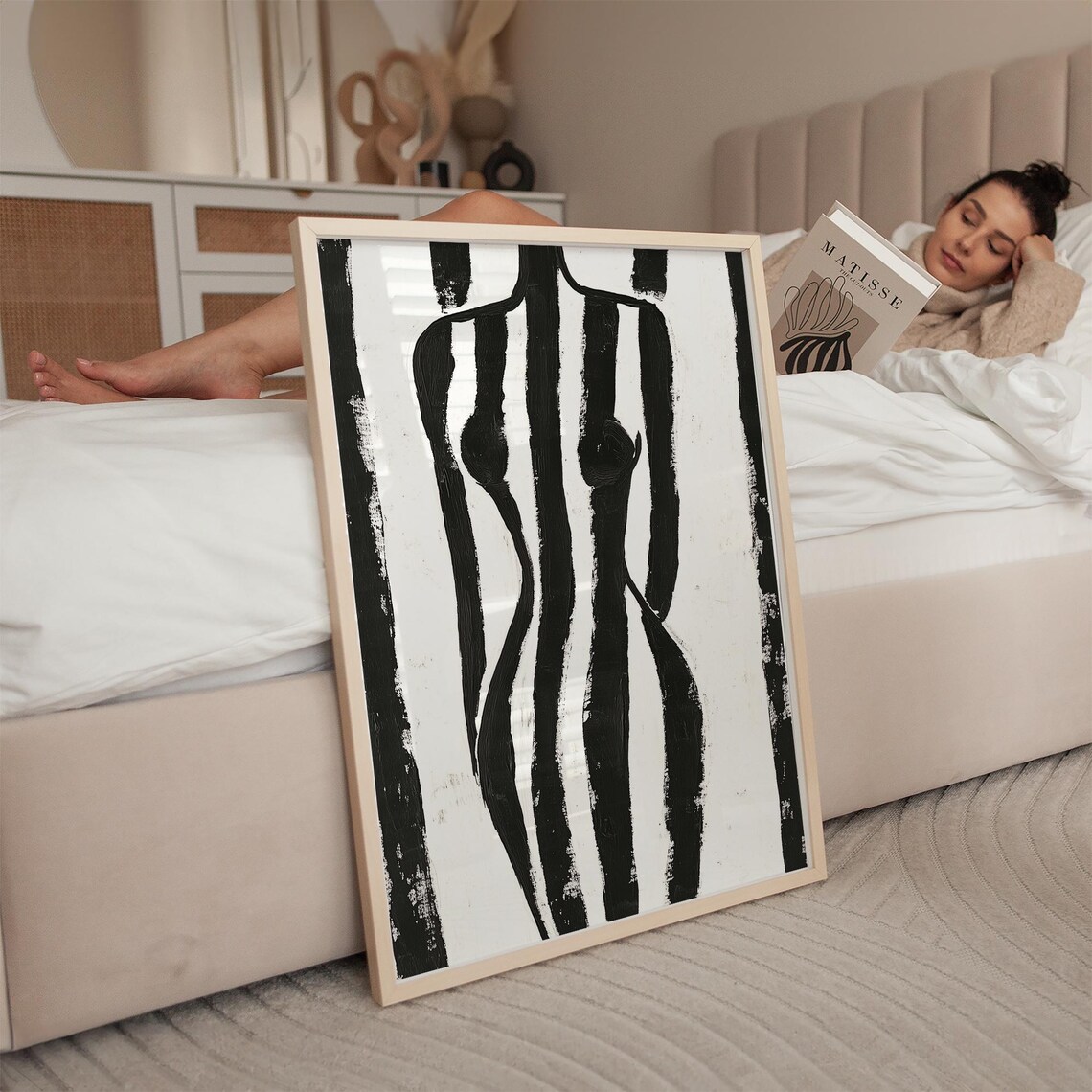 Abstract Female Torso in Black White Vertical Stripes Poster - Image 2