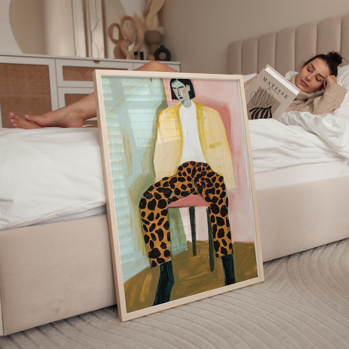 Seated Woman in Leopard Pants Yellow Jacket Fashion Art Poster - Image 2