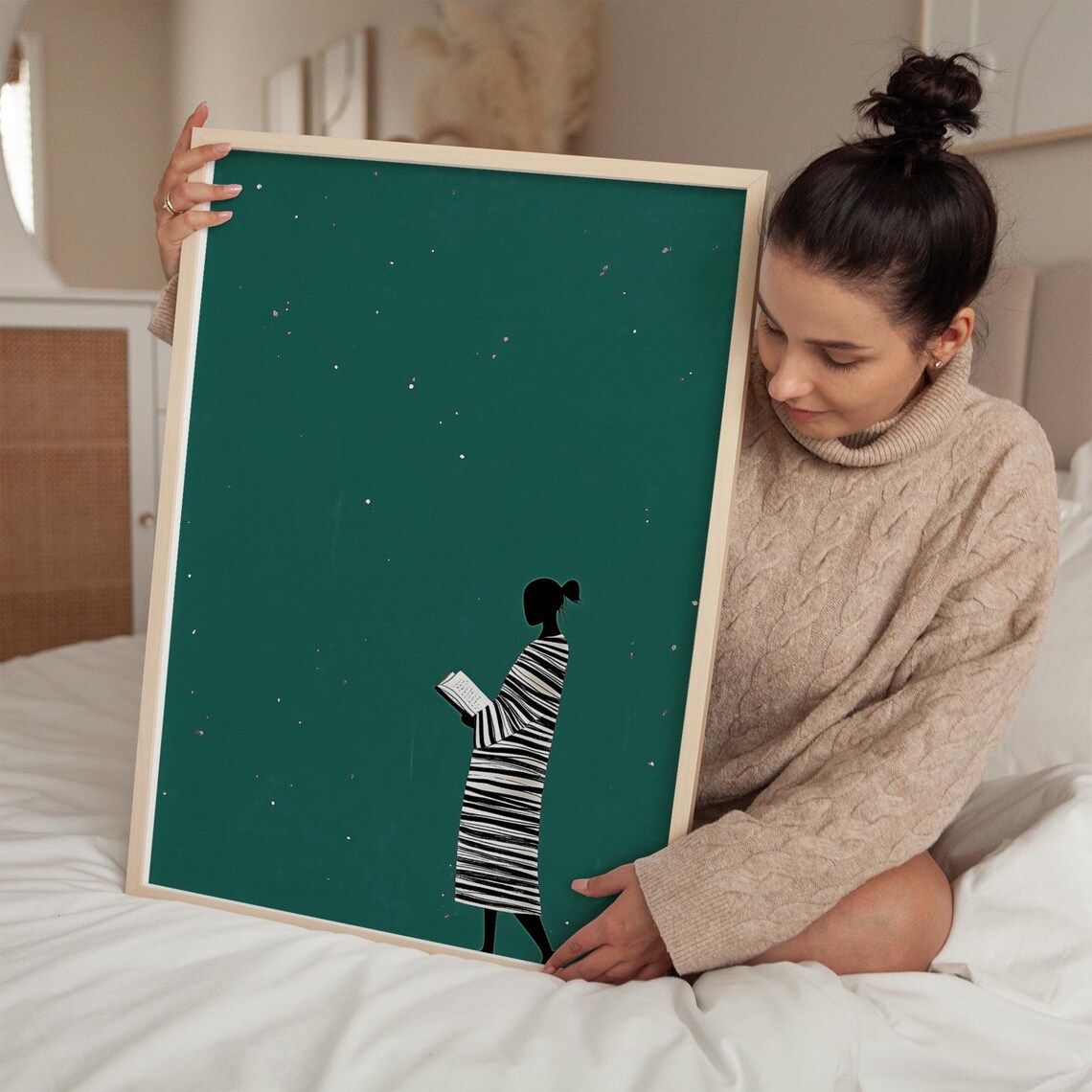 Silhouette Woman Reading Under Stars Emerald Green Minimalist Poster - Image 3