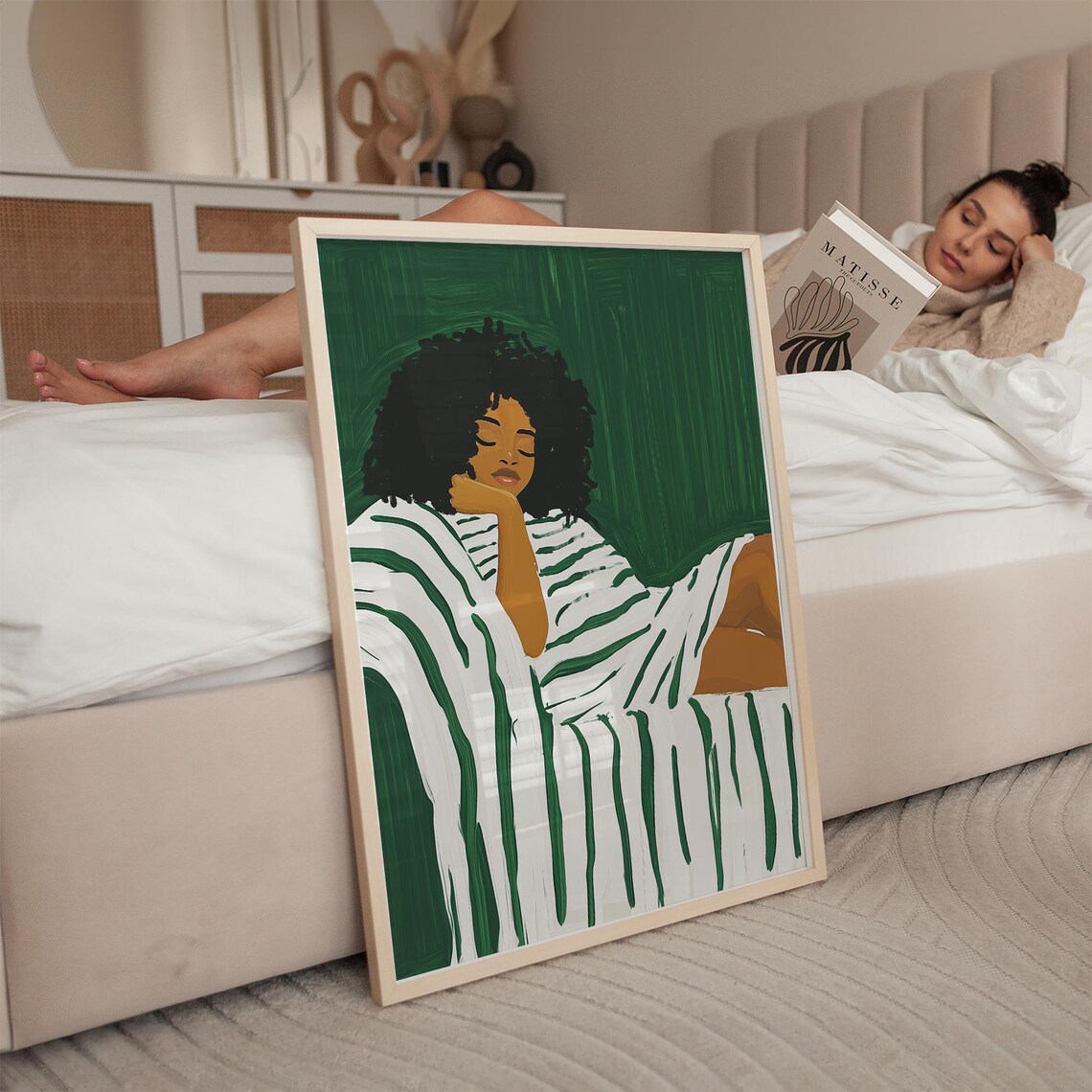 Woman Resting With Curly Hair Striped Minimalist Portrait Print - Image 5