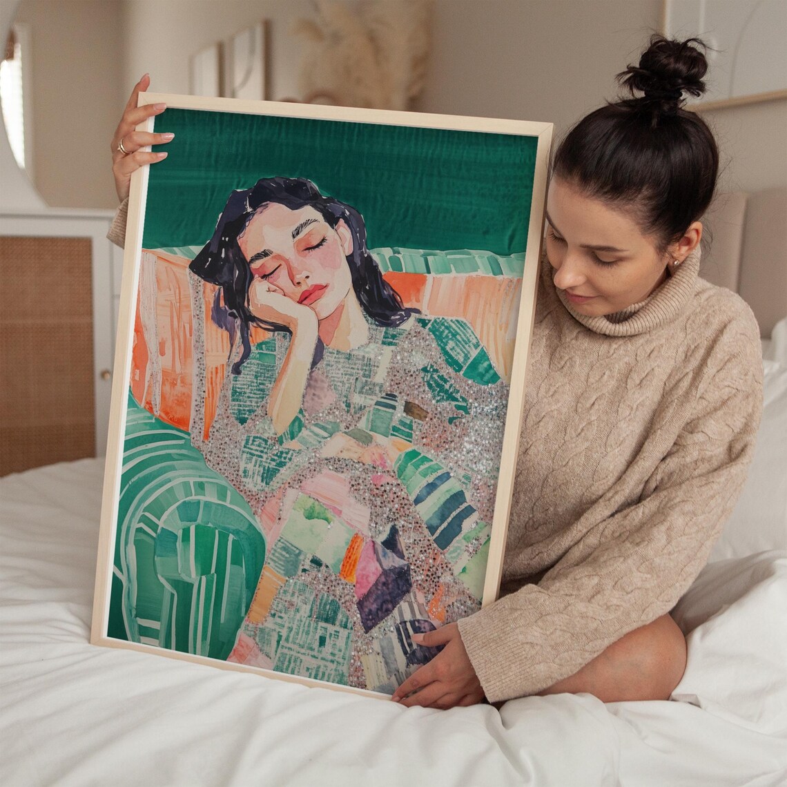 Dreamy Resting Woman Portrait With Glitter Accents Pastel Art Poster - Image 2