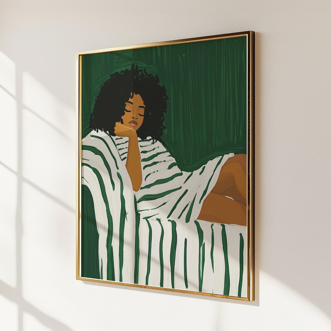 Woman Resting With Curly Hair Striped Minimalist Portrait Print - Image 2