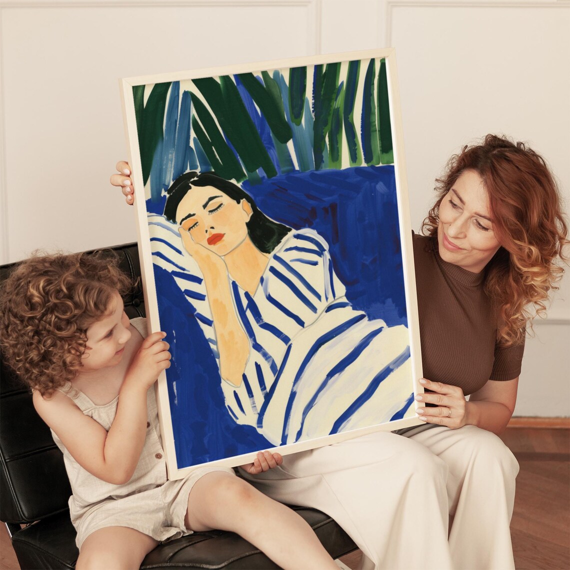 Resting Woman Wrapped in Stripes Cobalt Blue Floral Watercolor Poster - Image 2