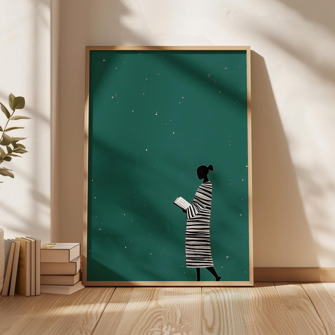Silhouette Woman Reading Under Stars Emerald Green Minimalist Poster - Image 5