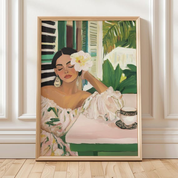 Relaxing Woman With Flower, Tropical Art Print