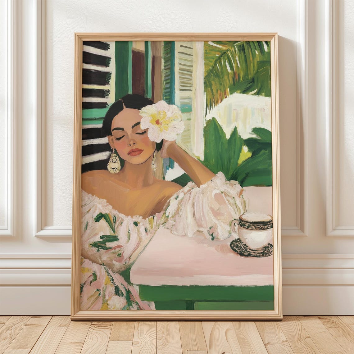 Relaxing Woman With Flower, Tropical Art Print