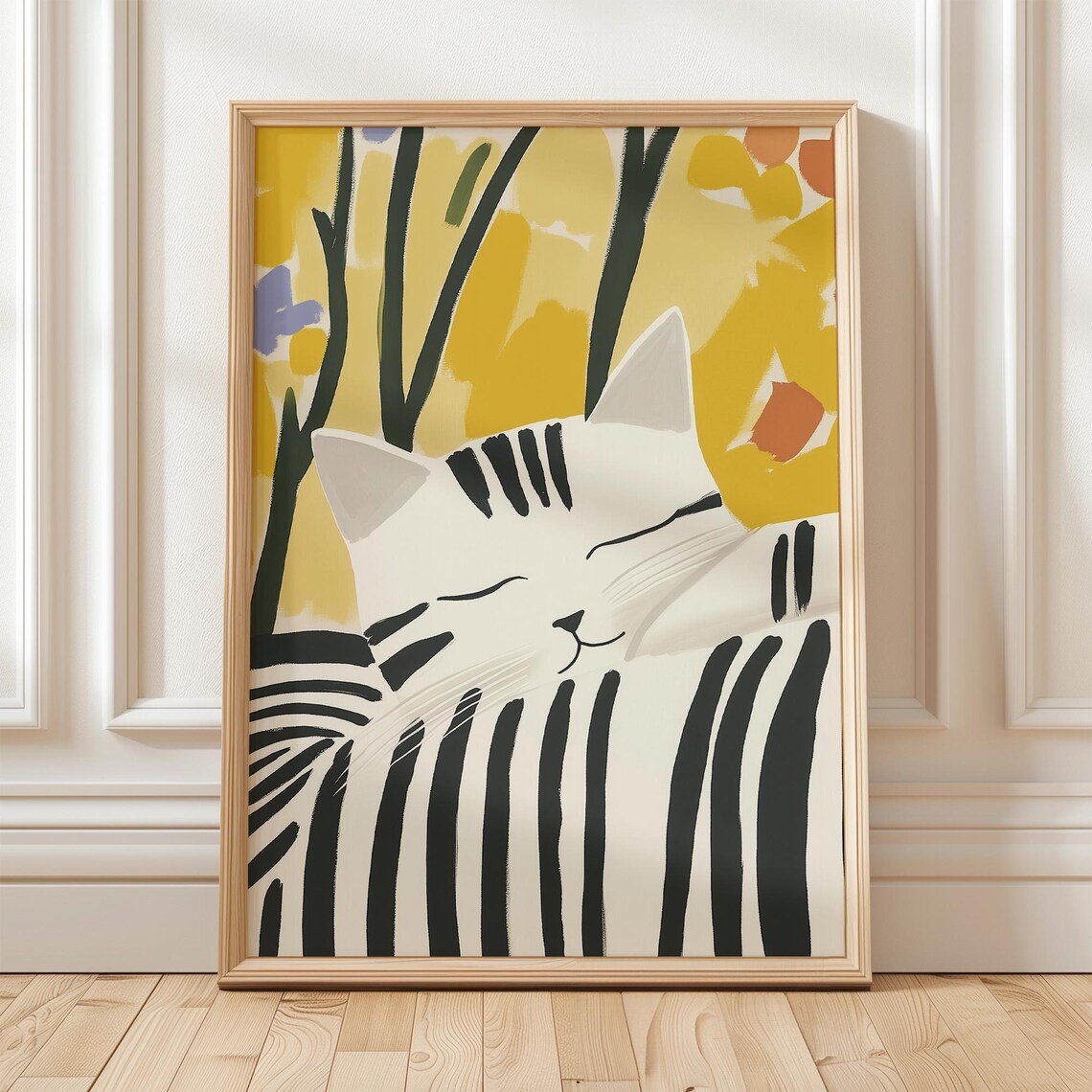 Minimalist Striped Sleeping Cat White Yellow Modern Art Poster - Image 5