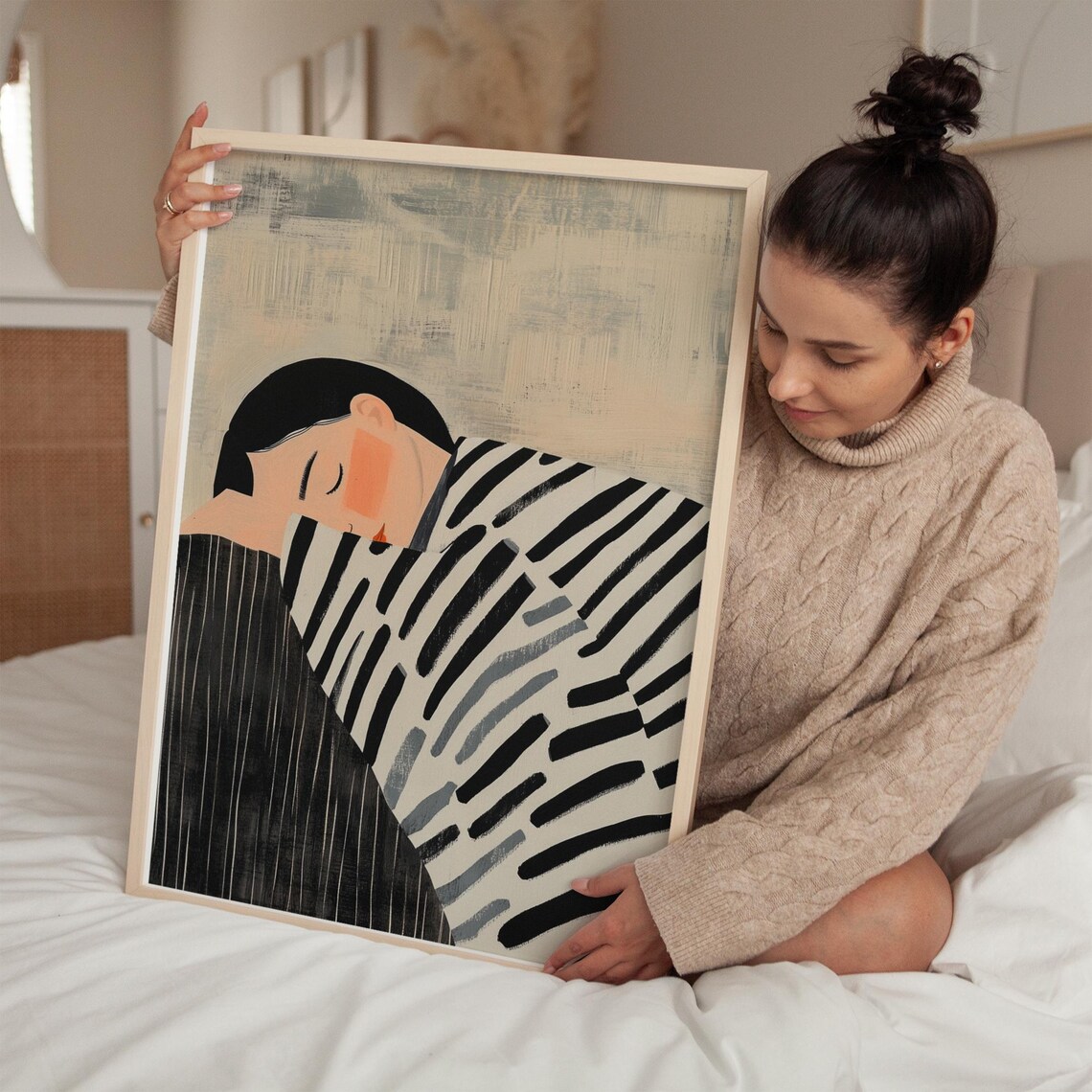 Sleeping Woman in Monochrome Stripes Contemporary Minimal Poster - Image 5