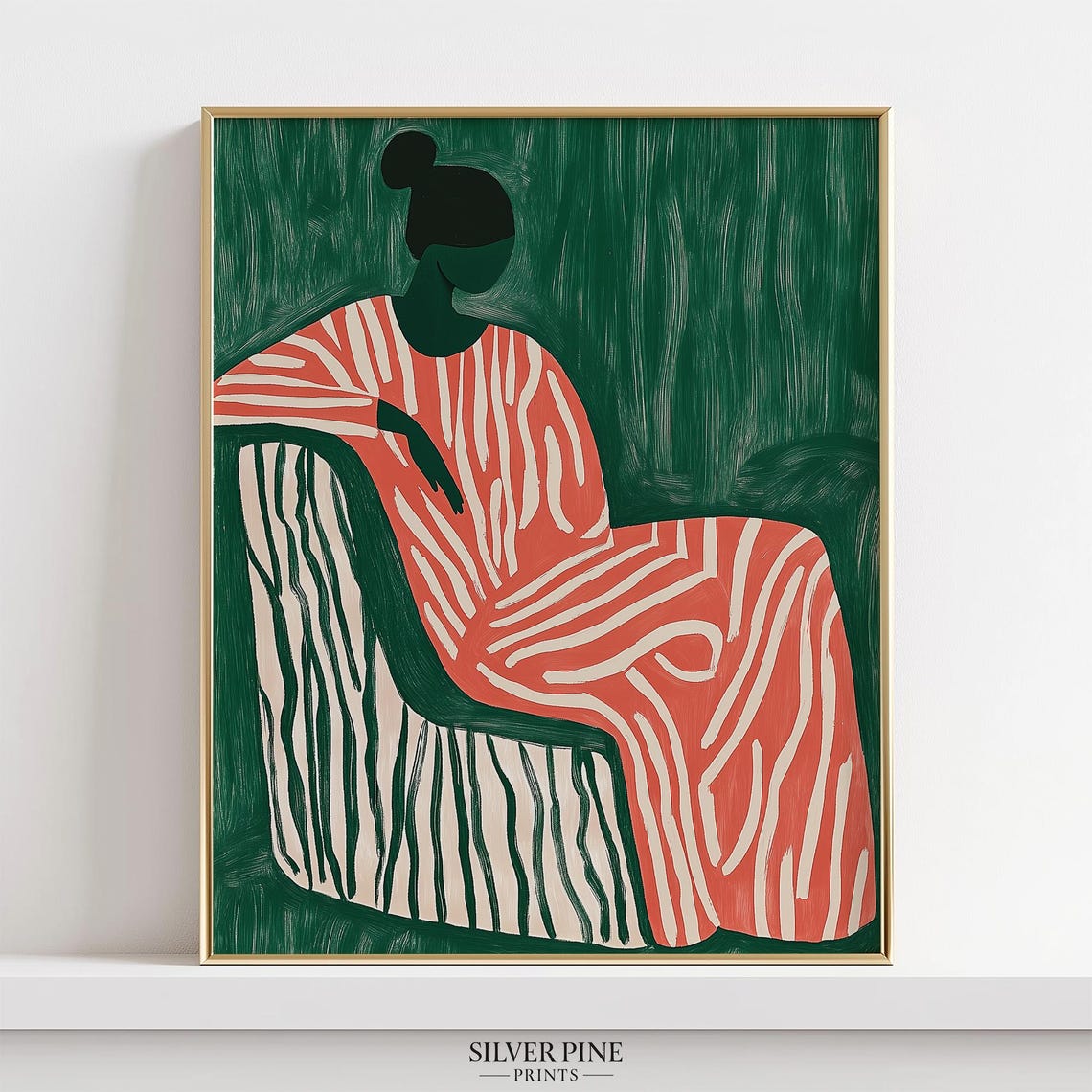 Abstract Woman Sitting Art Print Modern Wall Art Bold Striped Design Green And Red Minimalist Decor Contemporary - Image 3