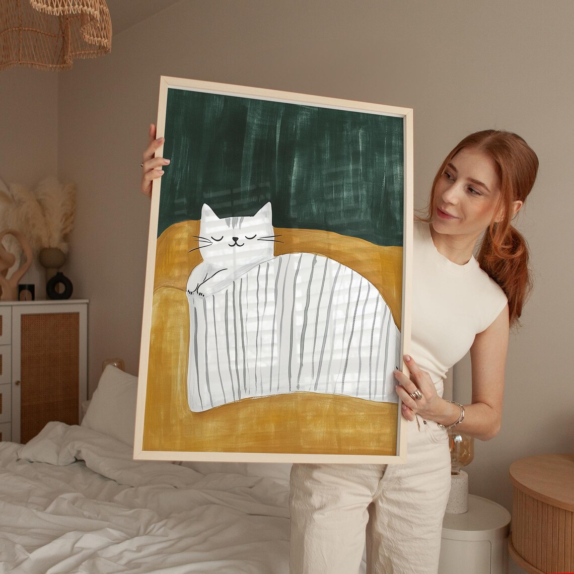 White Cat Sleeping On Striped Blanket Mustard Sofa Art Poster