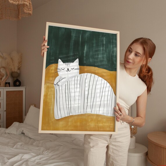 White Cat Sleeping On Striped Blanket Mustard Sofa Art Poster