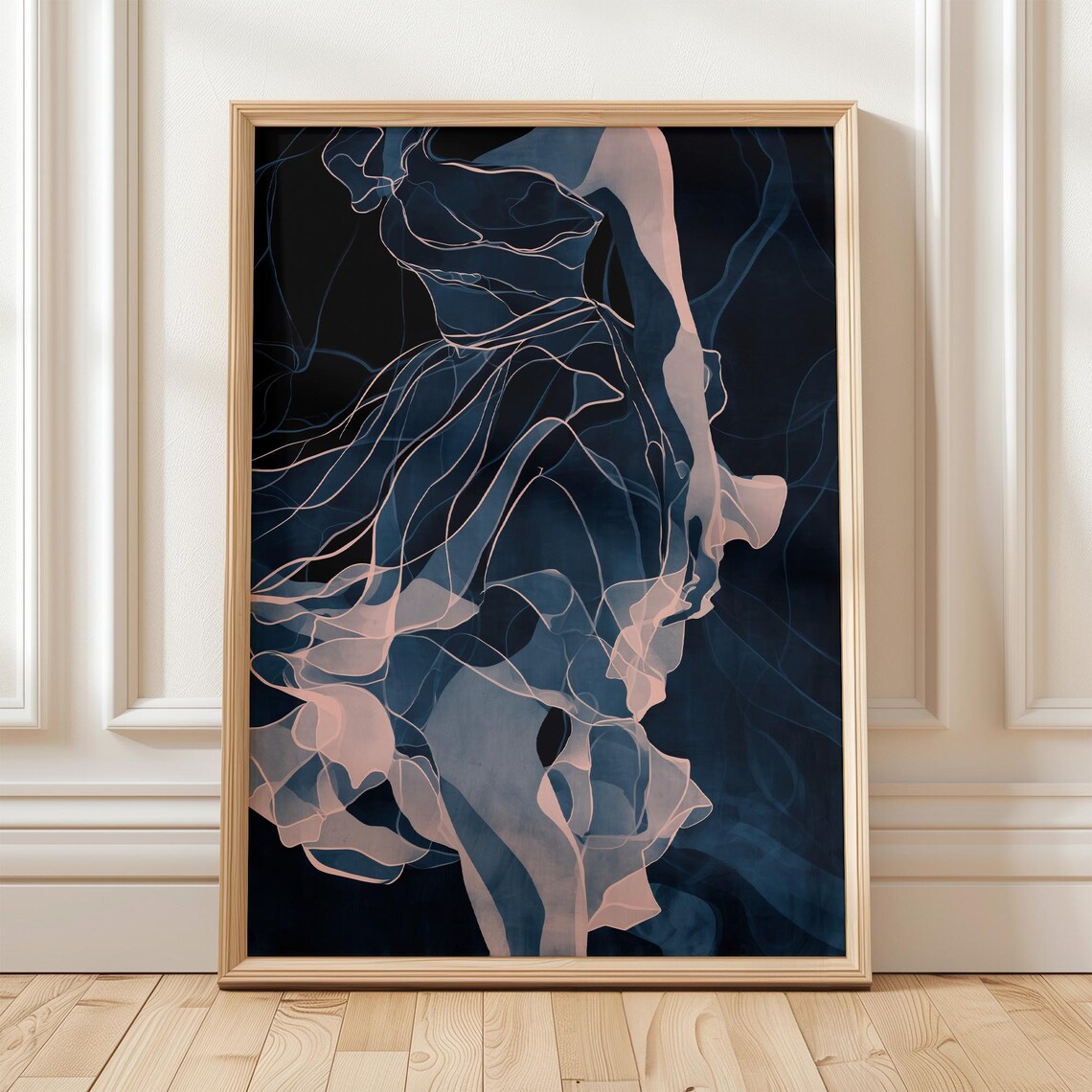 Abstract Flowing Dress Navy and Soft Pink Poster Minimalist Female Art